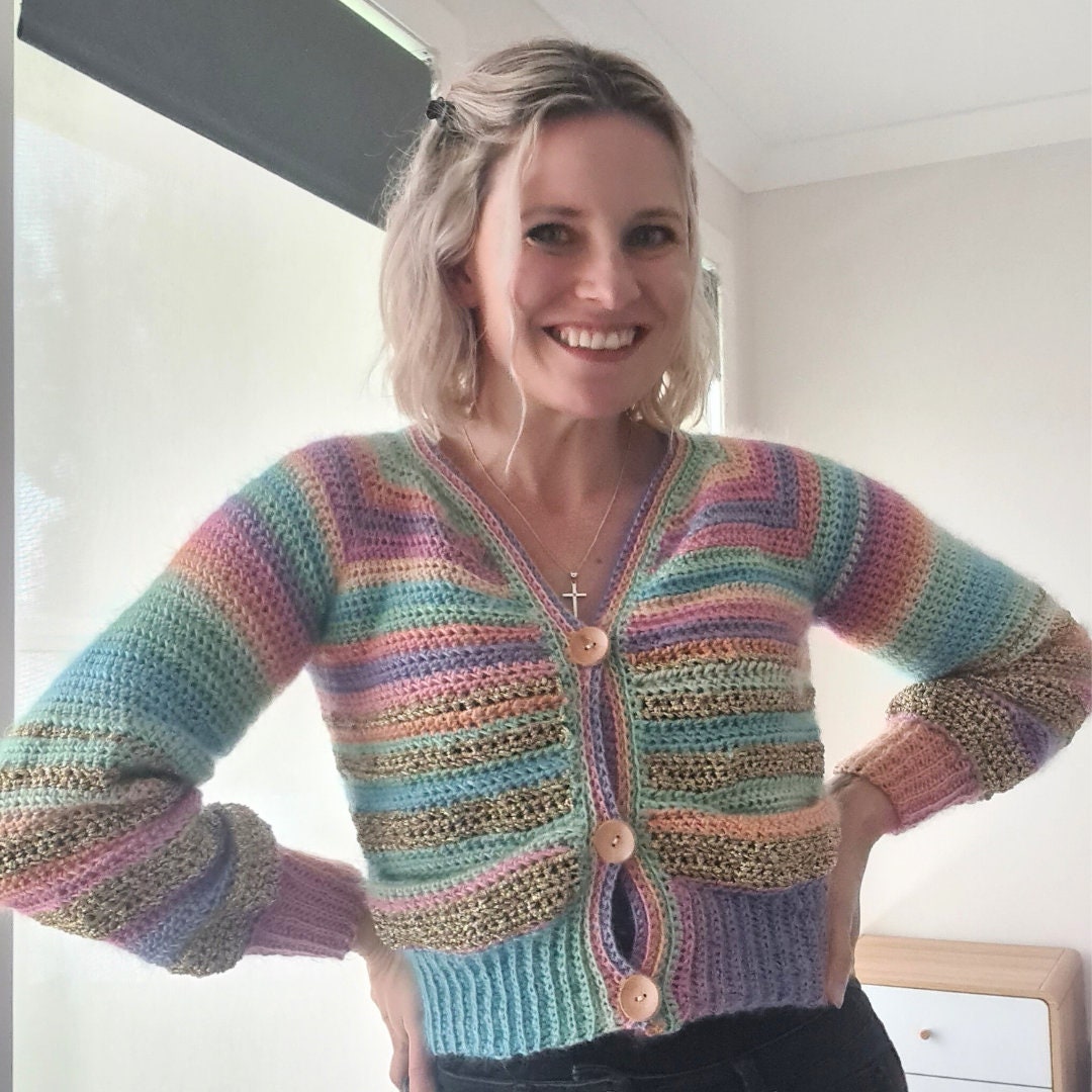 Crescendo cardigan with pockets, striped top-down cardigan - crochet pattern - downloadable PDF