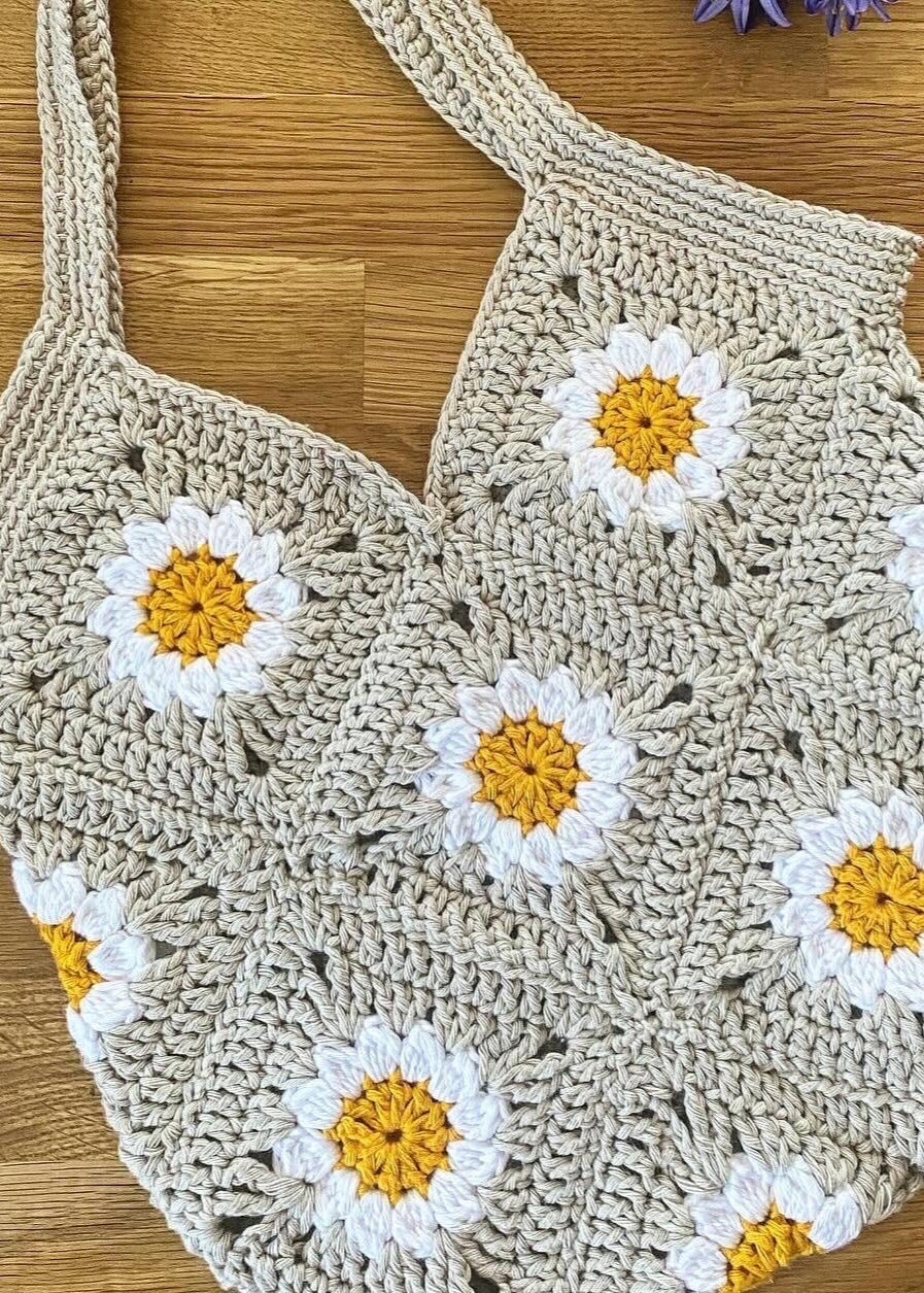 Daisy cotton crochet market bag/tote bag