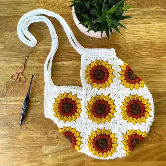 Sunflower granny square tote bag
